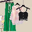 粉襯衫+黑吊帶+綠闊腿褲/三件套