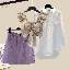 卡其色吊帶+白色襯衫+紫色半身裙/三件套