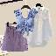 藍色吊帶+白色襯衫+紫色半身裙/三件套