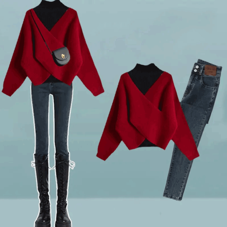 黑色打底衫+紅色毛衣+藍色牛仔褲/三件套