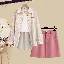 條紋襯衫+背心+粉色半身裙/三件套