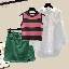 綠色短裙+白色襯衫+玫紅色背心/三件套