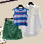 綠色短裙+白色襯衫+藍色背心/三件套