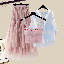 粉色半身裙+藍色襯衫+粉色吊帶/三件套