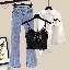 藍色牛仔褲+白色襯衫+黑色吊帶/三件套