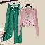 粉色吊帶+粉色罩衫+綠色寬褲/三件套