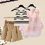 粉色襯衫+條紋背心+卡其色短褲/三件套