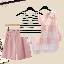 粉色襯衫+條紋背心+粉色短褲/三件套