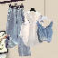 白色襯衫+藍色背心+藍色牛仔褲/三件套