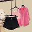 粉色吊帶+玫紅色襯衫+黑色短褲/三件套
