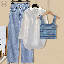 白色襯衫+藍色吊帶/兩件套